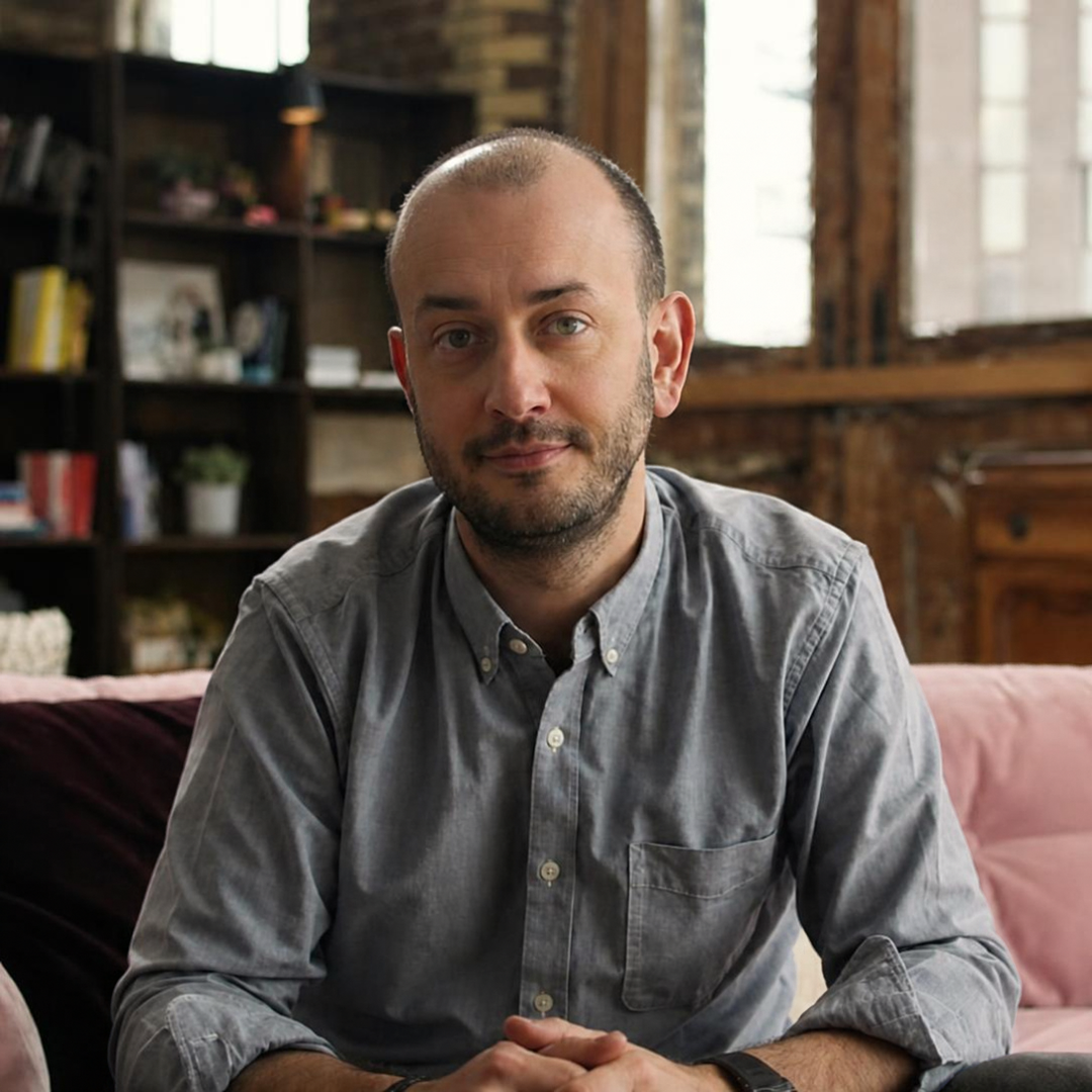 Mark Little seated on a pink sofa in a warm studio interior